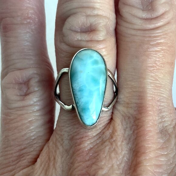 Sterling Silver 925 Bezel Set Teardrop Blue Larimar Split Shank Ring Sz 6 - Picture 12 of 16